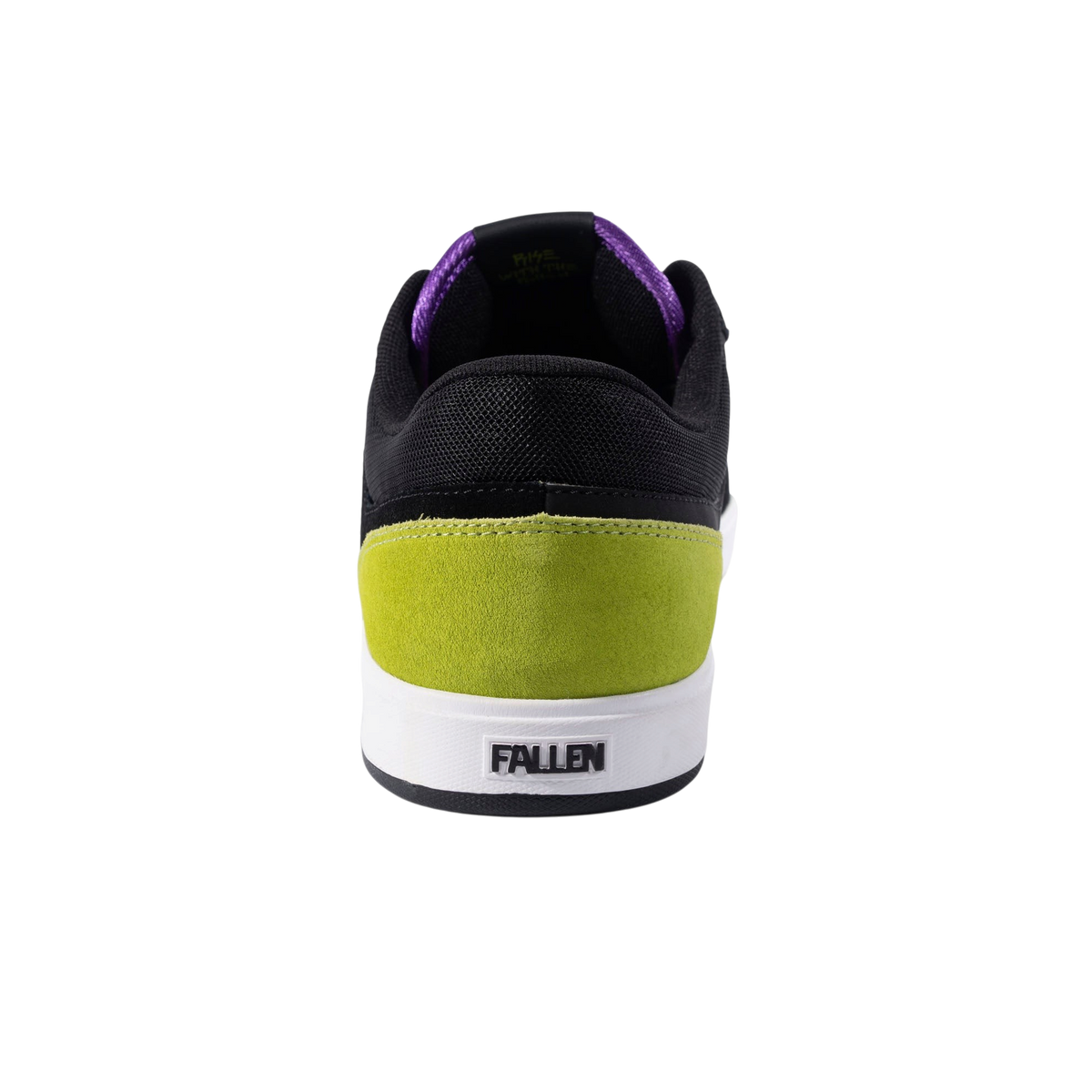 Rear view of Fallen Footwear Mexico Patriot skate shoes in black, lime green, and purple with a white cupsole