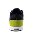 Rear view of Fallen Footwear Mexico Patriot skate shoes in black, lime green, and purple with a white cupsole