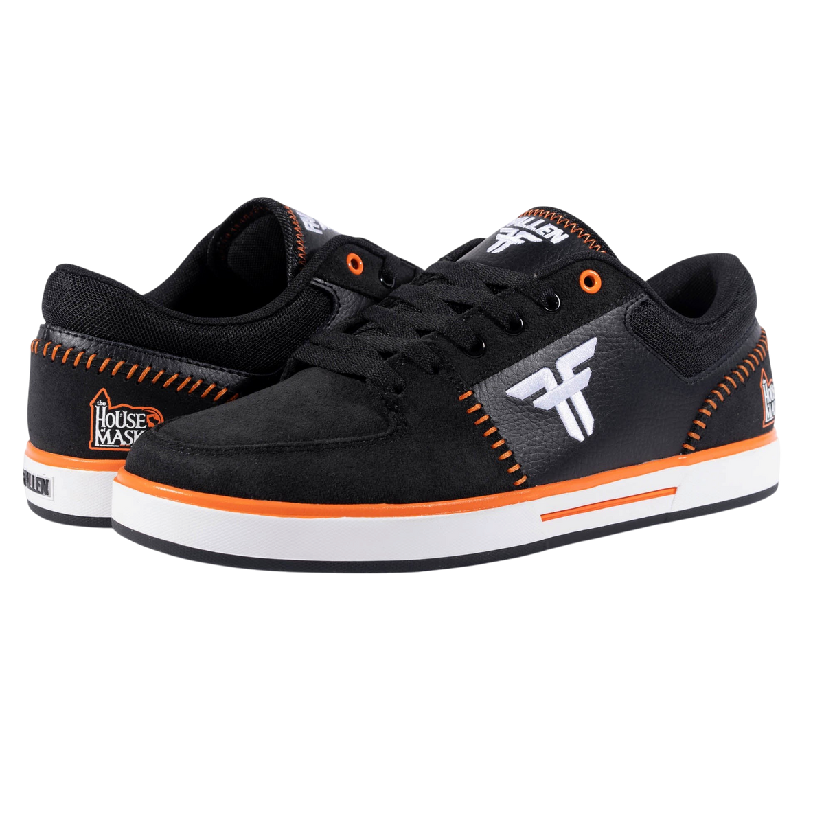 Fallen Footwear Mexico Patriot X House of Masks skate shoes in black and orange with durable cupsole construction