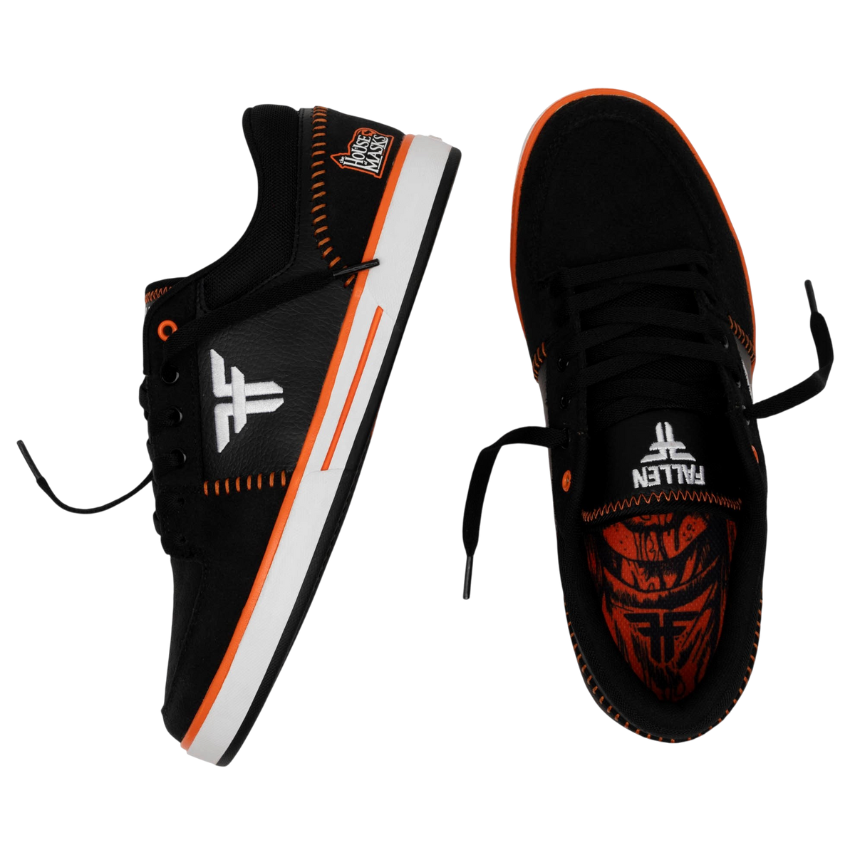 Fallen Footwear Mexico Patriot X House of Masks skate shoes in black and orange with cupsole and logo detailing.