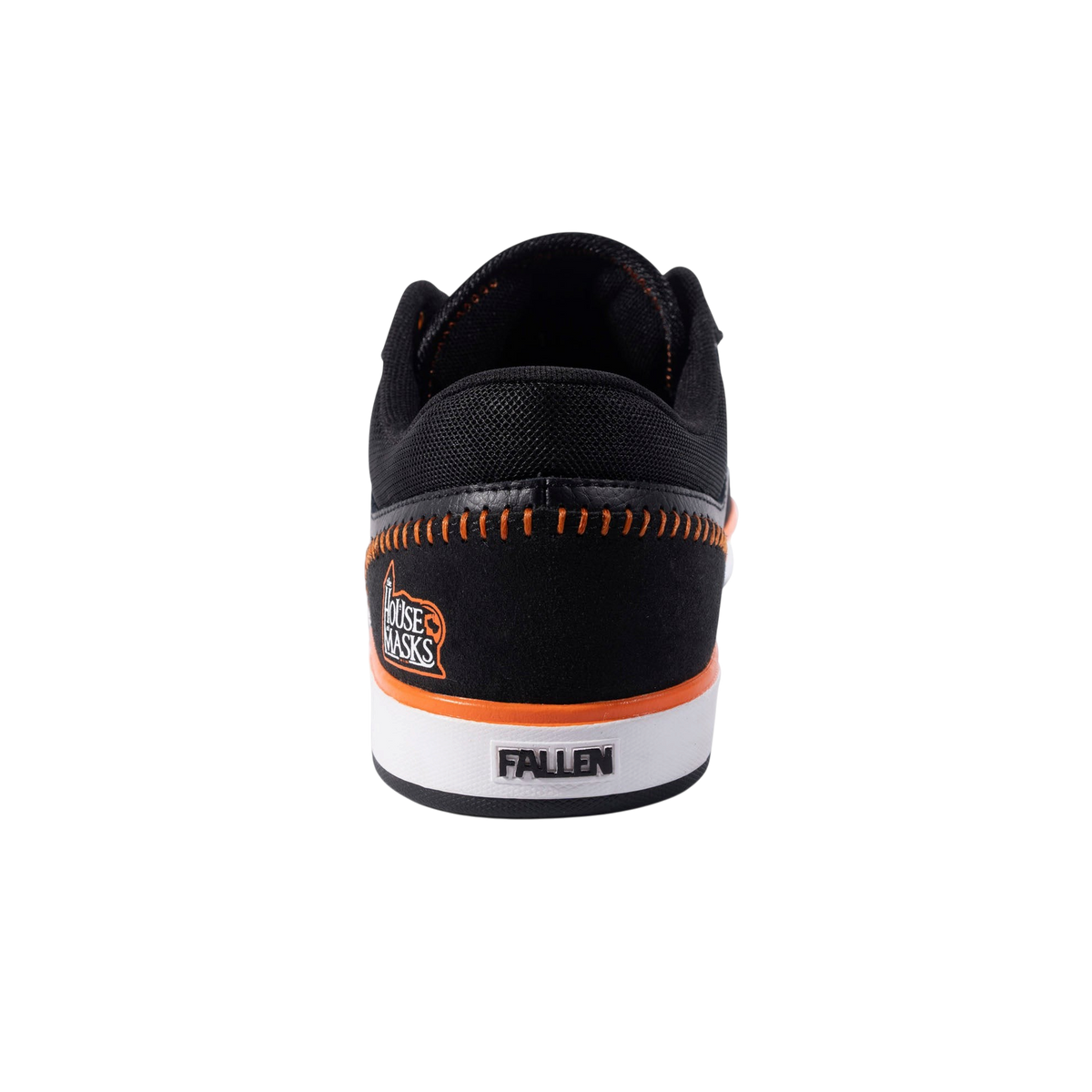 Fallen Footwear Mexico Patriot skate shoe in black and orange with House of Masks branding on the heel