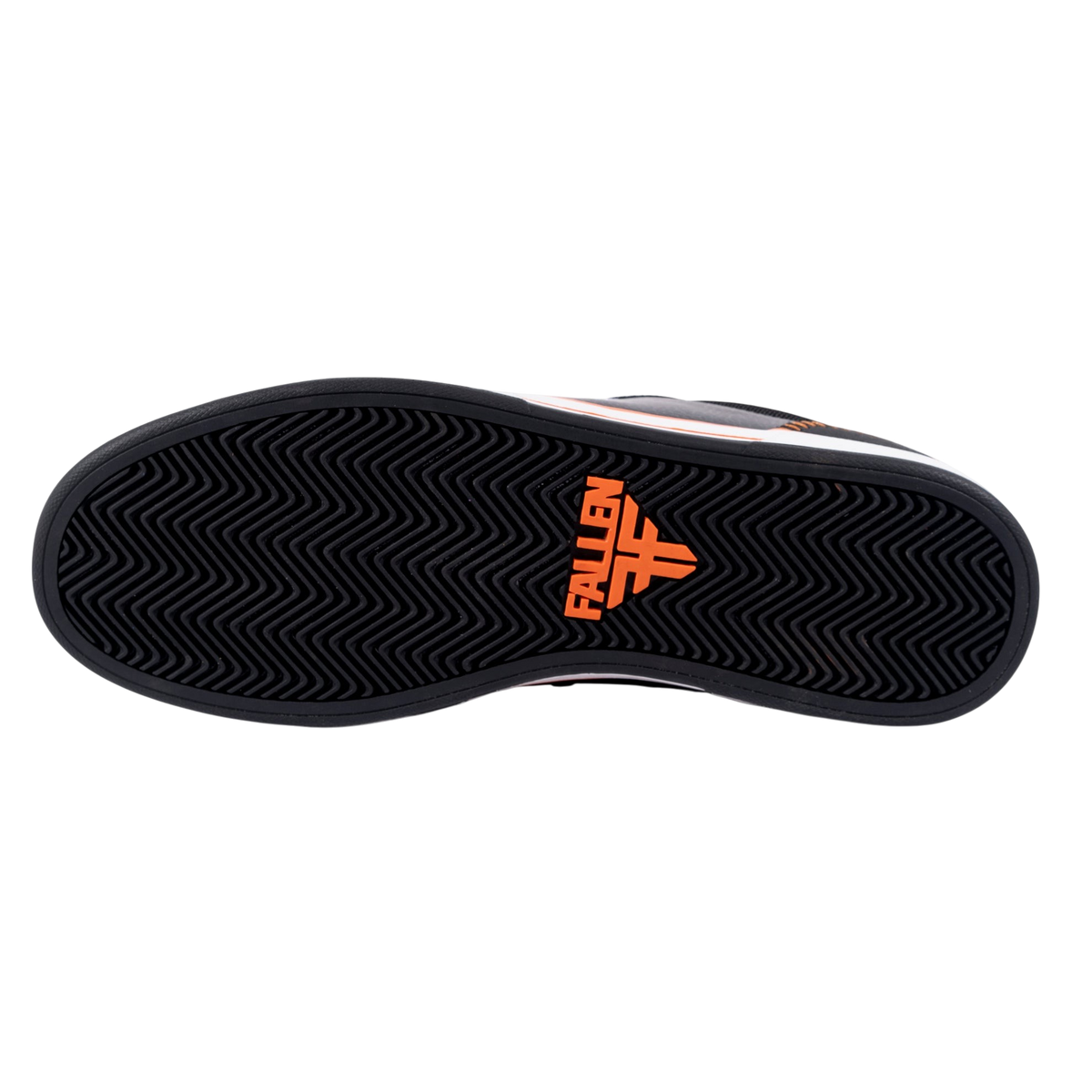 Fallen Footwear Mexico Patriot skate shoe black and orange rubber cupsole with herringbone tread pattern