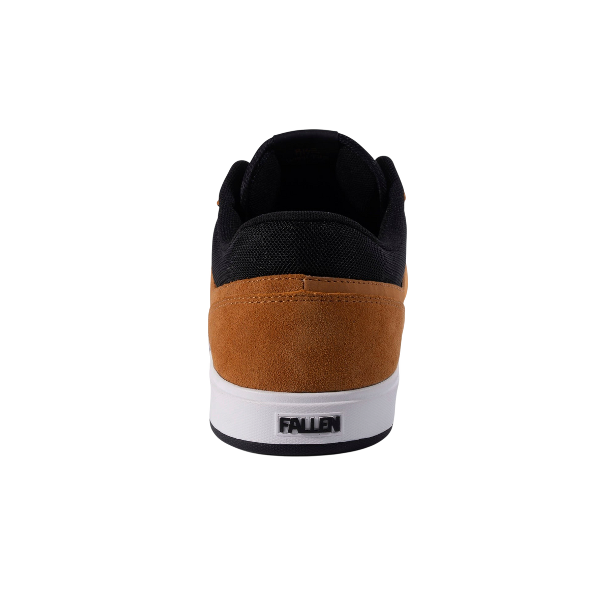 Rear view of Fallen Footwear Mexico Patriot skate shoes in wheat suede and black mesh with a white cupsole