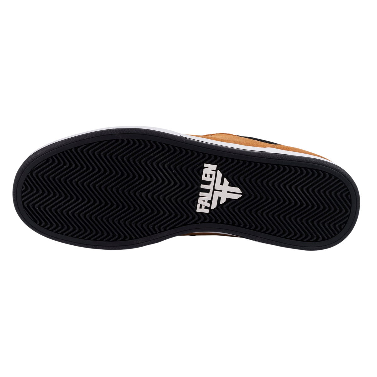 Fallen Footwear Mexico Patriot skate shoe showing the black rubber cupsole with herringbone tread and logo branding