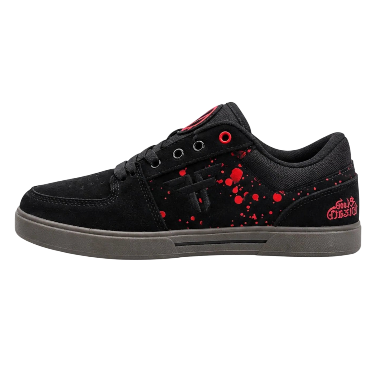 Fallen Footwear Mexico Patriot X Blood Wizard skate shoe in black suede with red paint splatter and dark gum sole