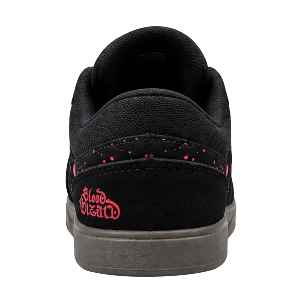 Fallen Footwear Mexico Patriot X Blood Wizard skate shoe, black suede with red splatter detail and gum sole rear view
