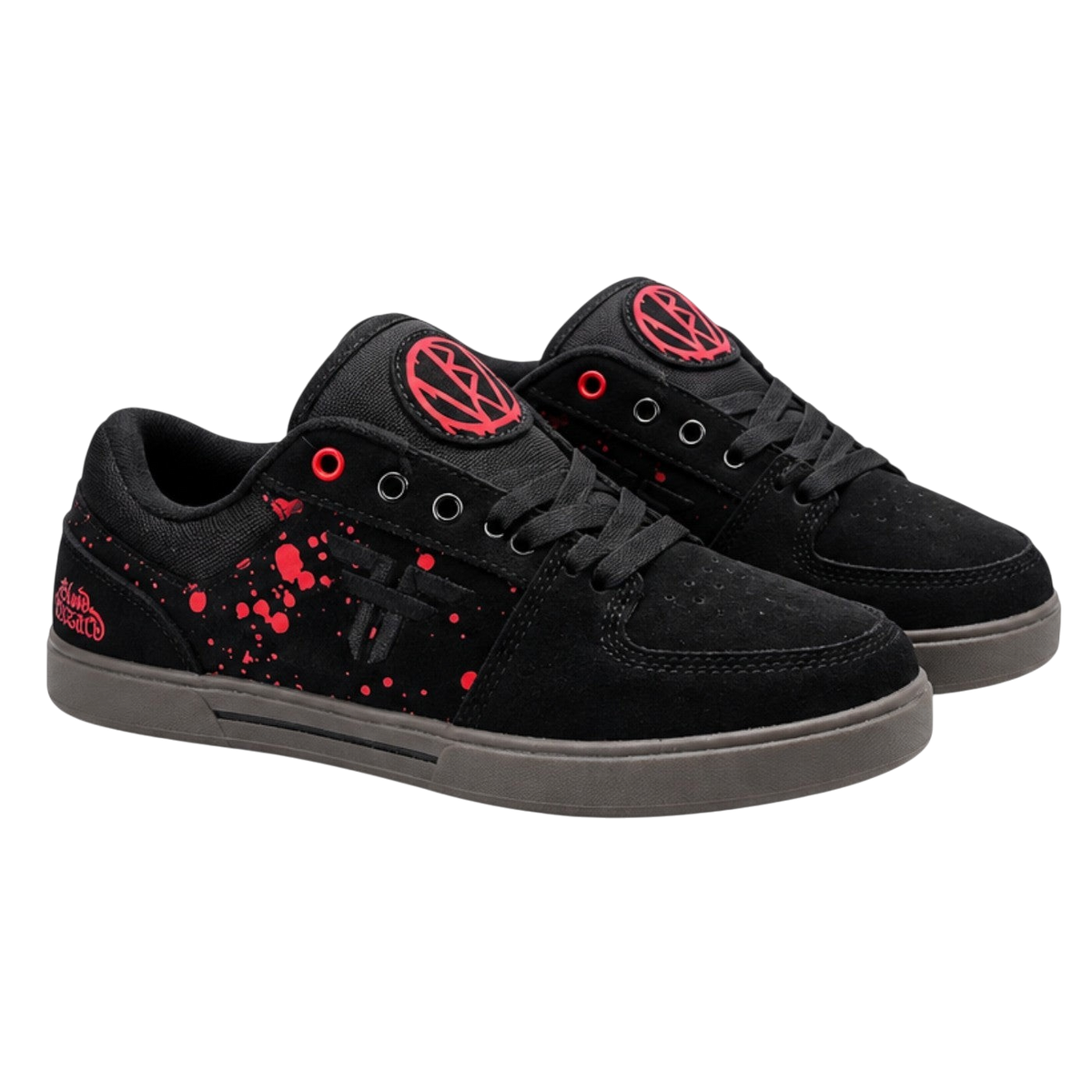 Fallen Footwear Mexico Patriot X Blood Wizard skate shoes in black suede with red paint splatter and gum soles.