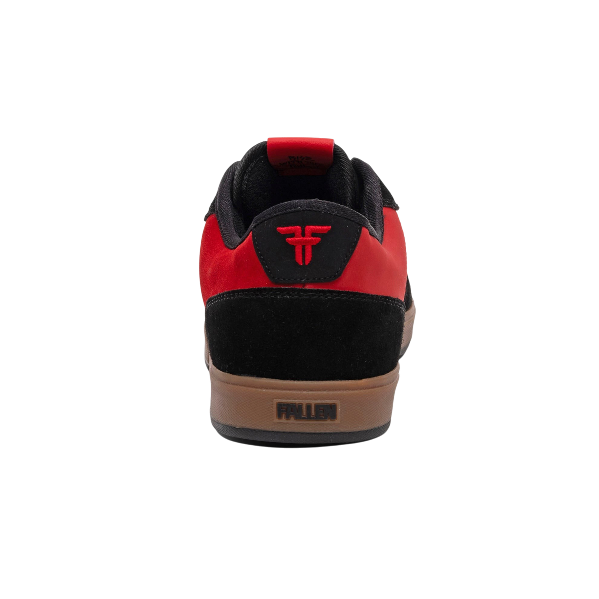 Fallen Footwear Mexico Patriot XP skate shoe in oxblood red and black with a gum sole, rear view showing logo detail.
