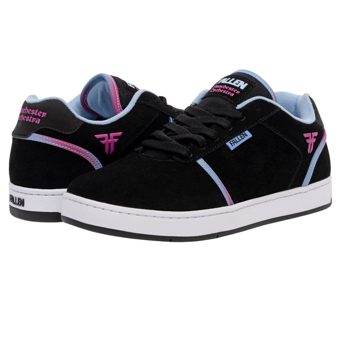 Fallen Footwear Mexico Pawn x Manchester Orchestra skate shoes in black suede with pink and blue gradient accents.