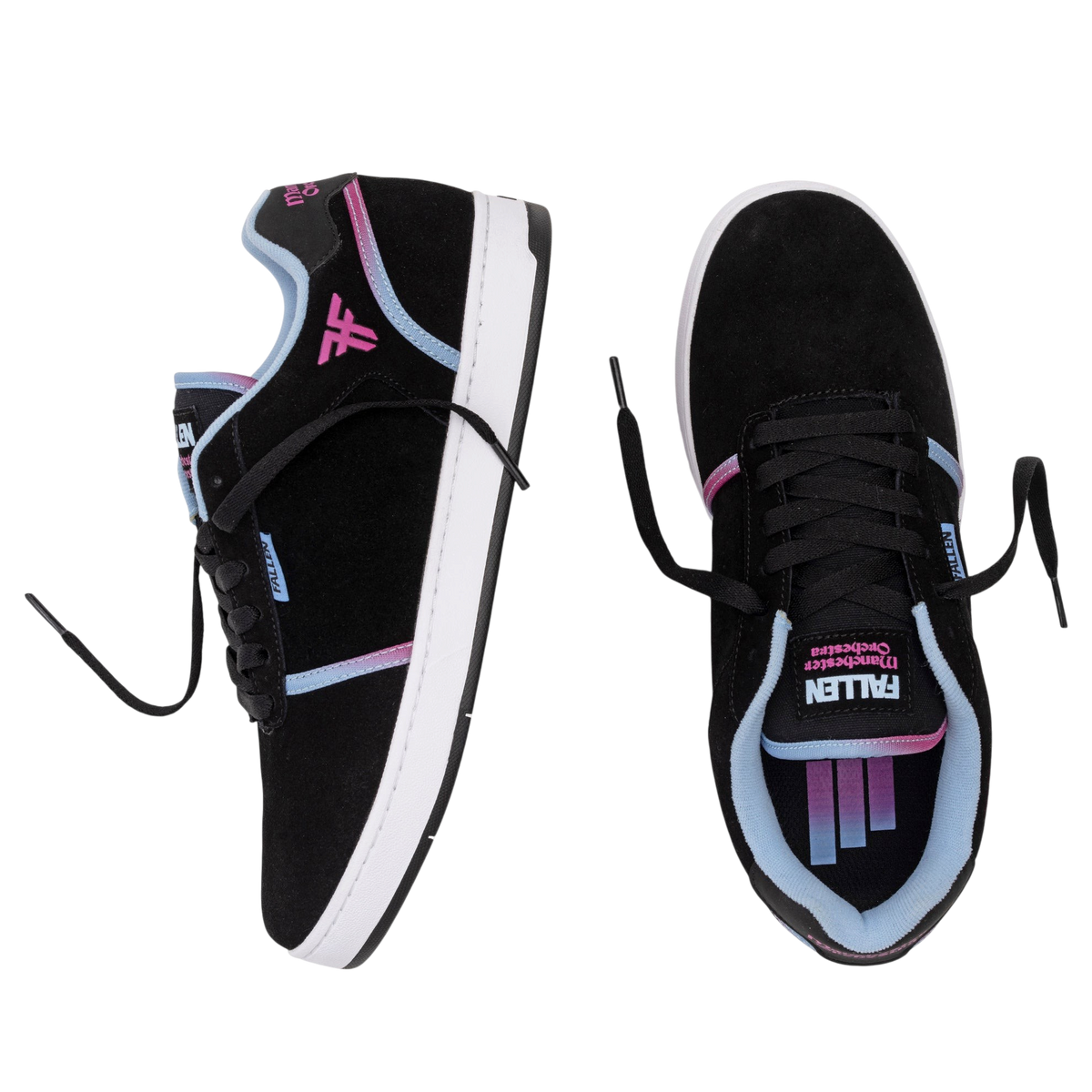 Fallen Footwear Mexico Pawn x Manchester Orchestra skate shoes in black suede with pink and blue gradient accents.