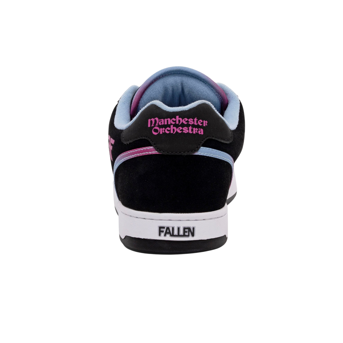 Fallen Footwear Mexico Pawn x Manchester Orchestra skate shoe, black suede with pink and blue gradient heel detail.