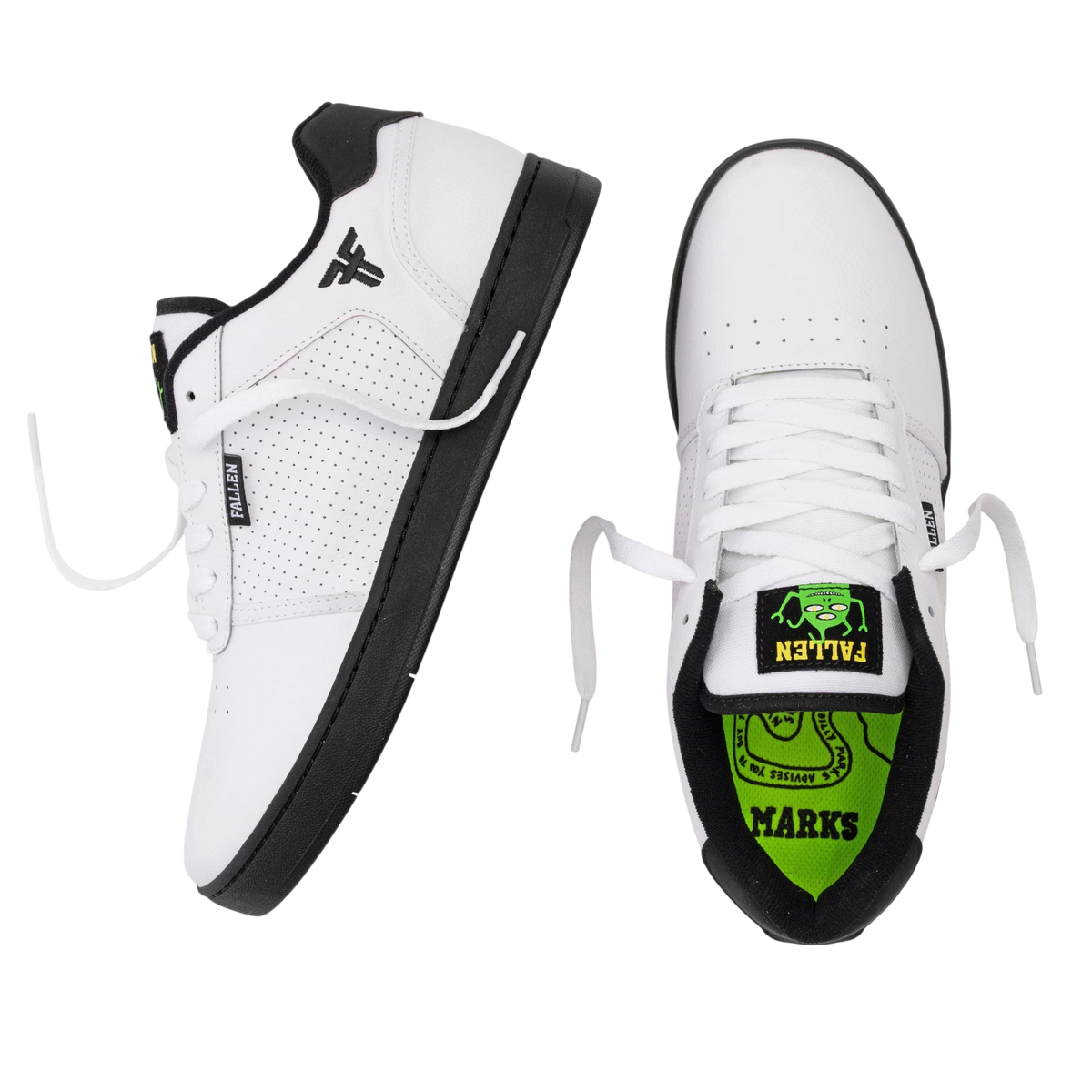 Fallen Footwear Mexico Pawn skate shoes in white leather with black accents, cupsole, and Ed Templeton artwork.