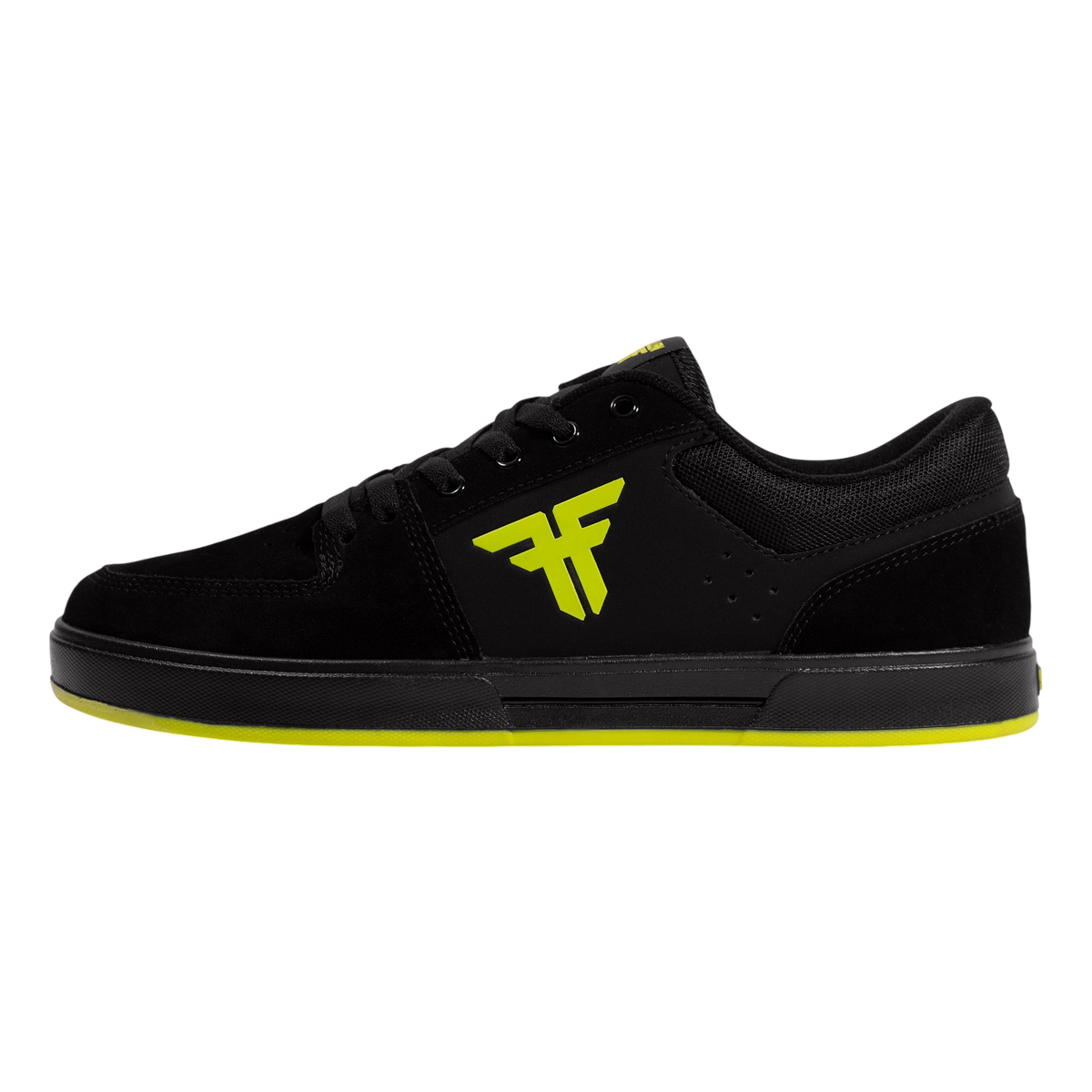 Fallen Footwear Mexico Patriot skate shoe in black suede with lime green logo and sole details