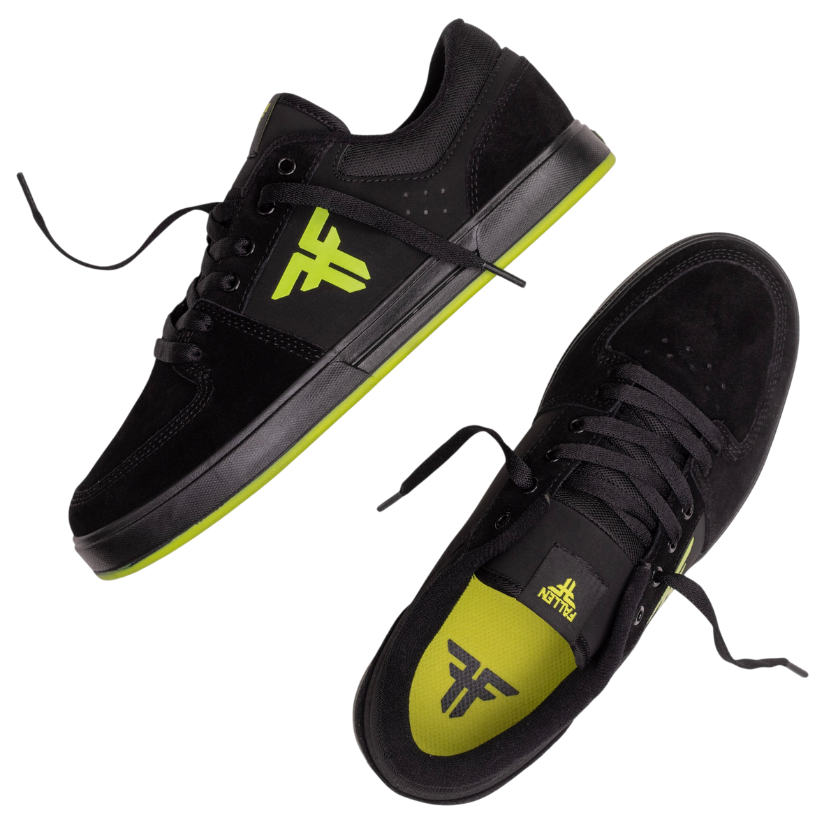 Fallen Footwear Mexico Patriot skate shoes in black suede with lime green accents and logo detailing