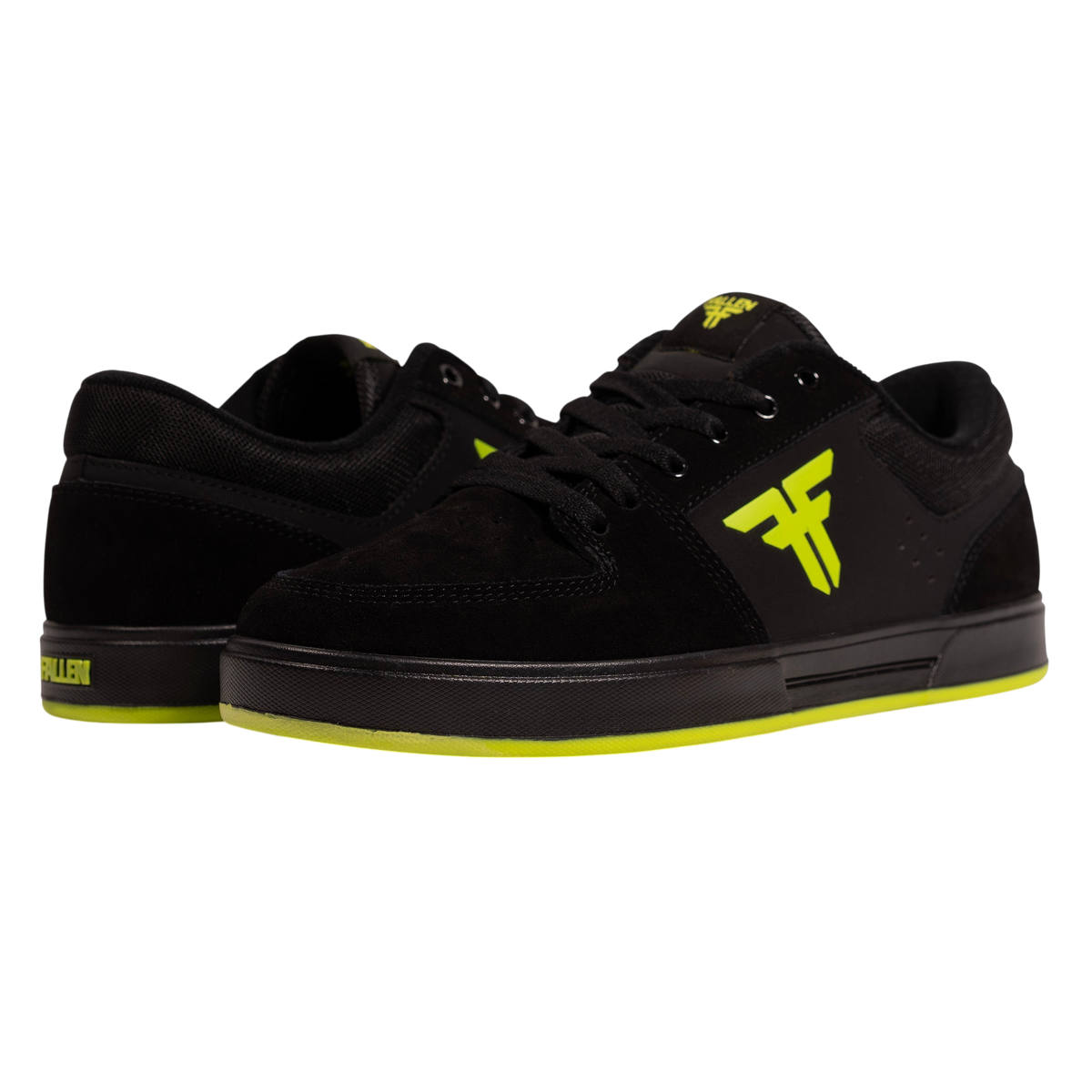 Fallen Footwear Mexico Patriot skate shoes in black suede with lime green logo and sole accents