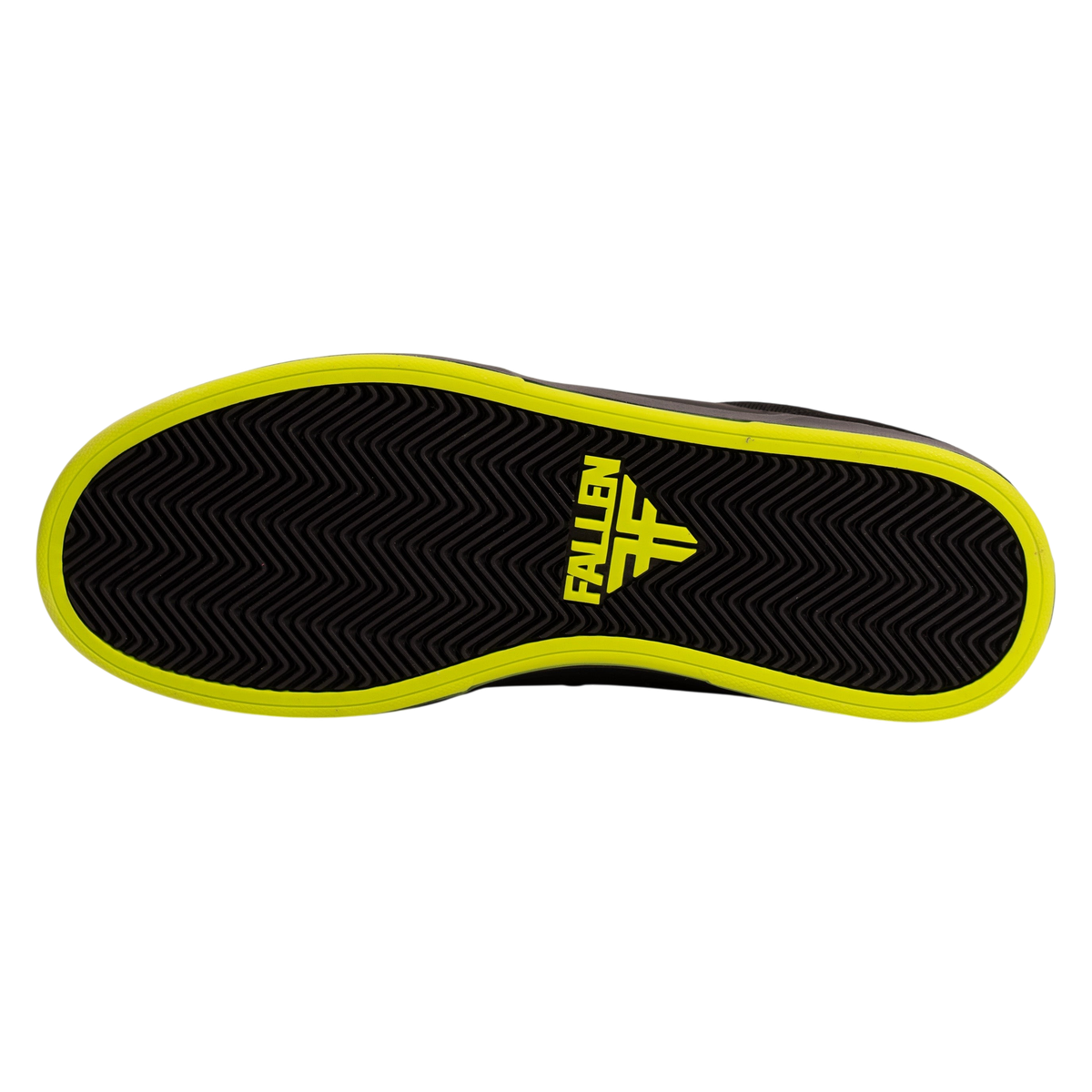 Fallen Footwear Mexico Patriot skate shoe outsole in black with a lime green rubber border and branded logo detail