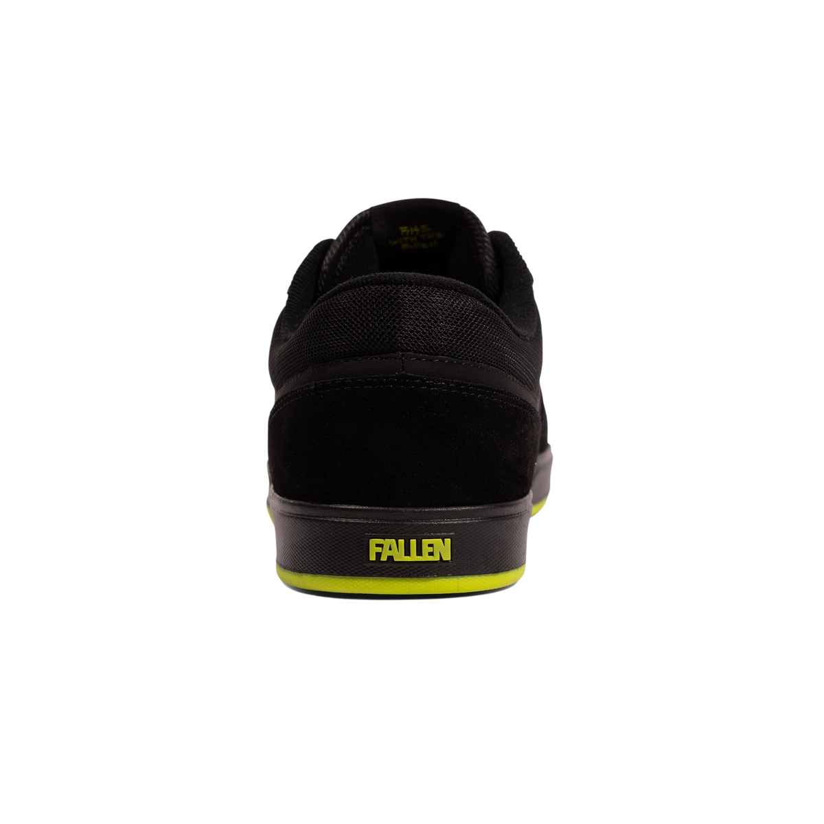 Fallen Footwear Mexico Patriot skate shoe in black suede and mesh with lime green heel branding and sole detail