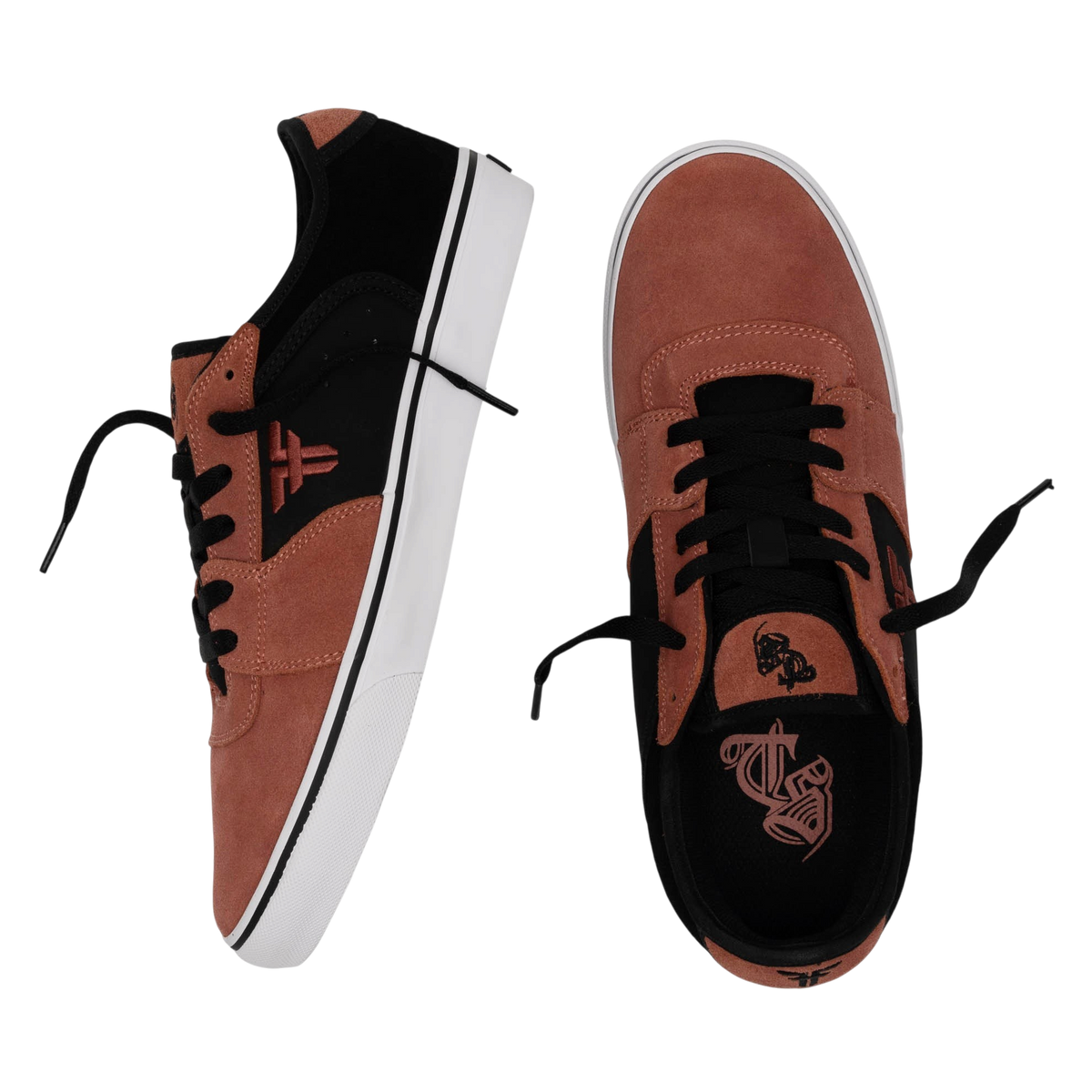 Fallen Footwear Mexico Regal skate shoes in black and salmon suede with vulcanized soles and padded collars
