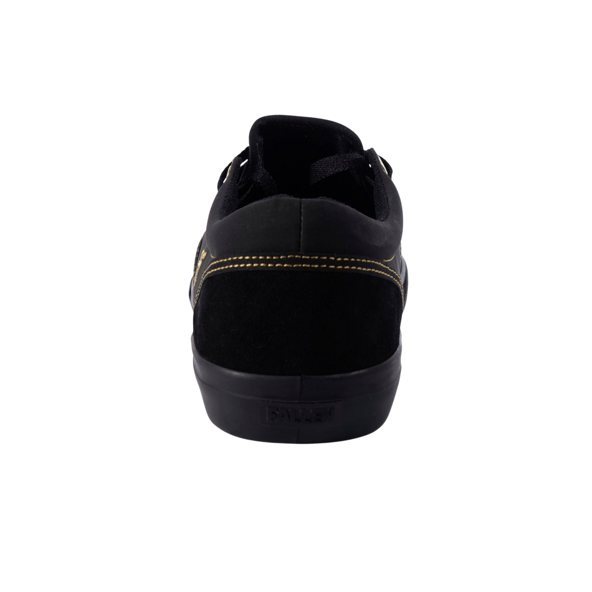 Fallen Footwear Mexico The Easy black suede skate shoe, rear view showing gold stitching and black rubber sole