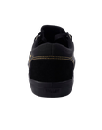 Fallen Footwear Mexico The Easy black suede skate shoe, rear view showing gold stitching and black rubber sole