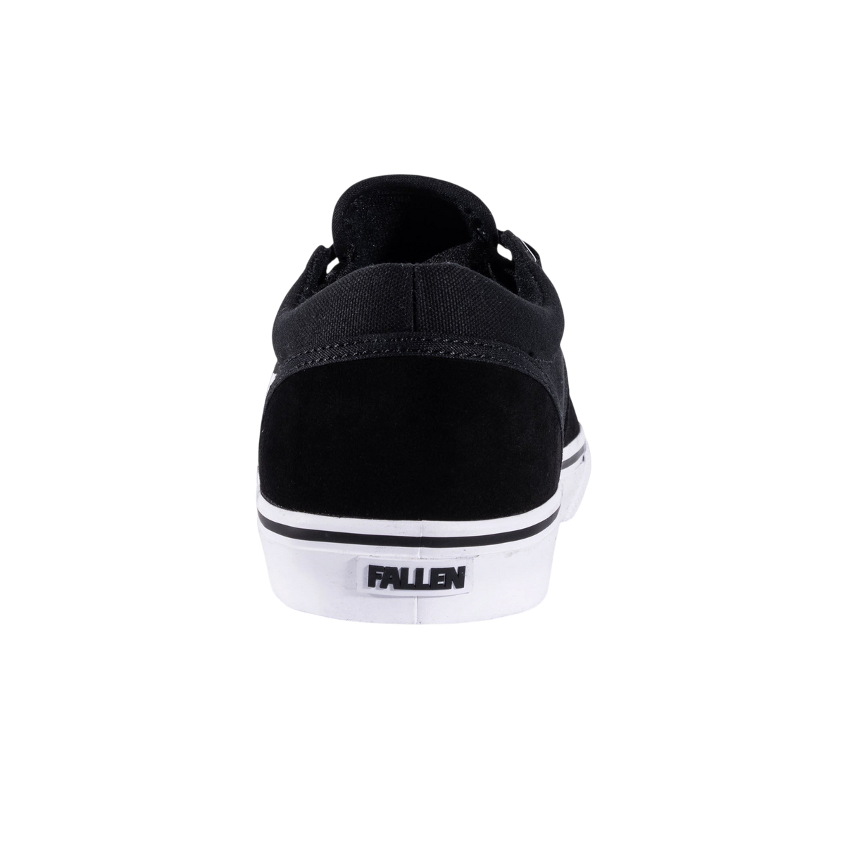 Fallen Footwear Mexico The Easy black and white suede skate shoe, rear view showing heel branding and white sole