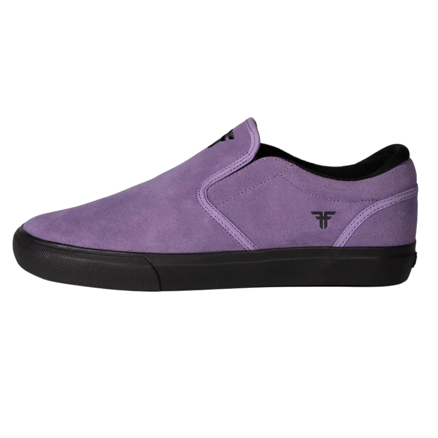 Fallen Footwear Mexico The Easy slip-on skate shoe in violet nubuck and canvas with a black vulcanized outsole.