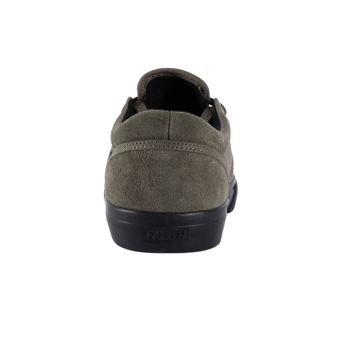 Fallen Footwear Mexico The Easy skate shoe in olive suede with a black rubber sole, rear view.