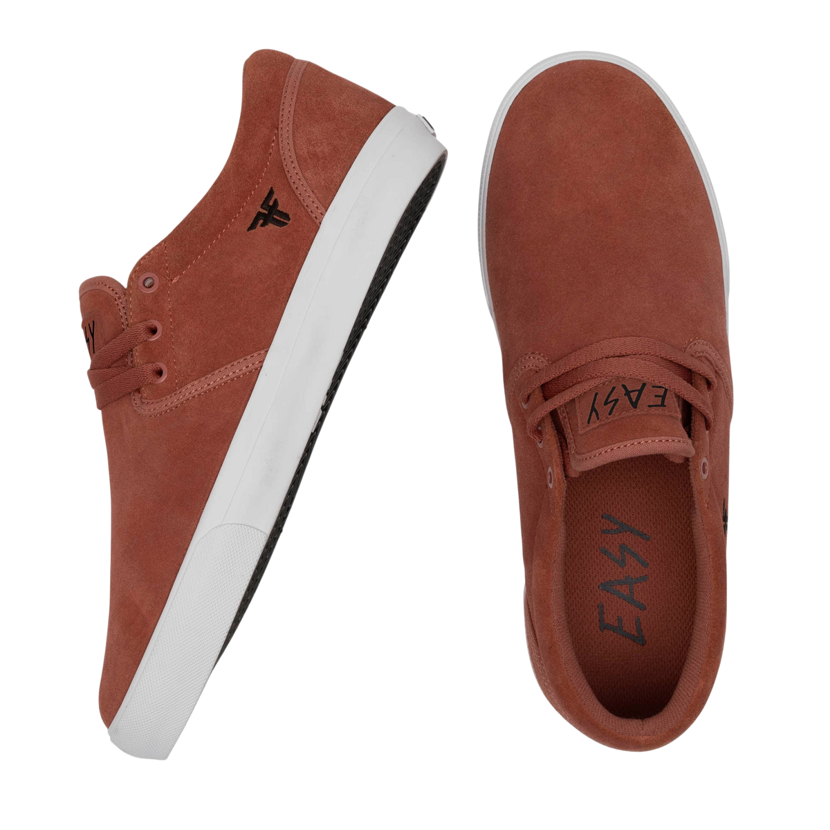 Fallen Footwear Mexico The Easy salmon suede skate shoes with white vulcanized soles and low-profile design.