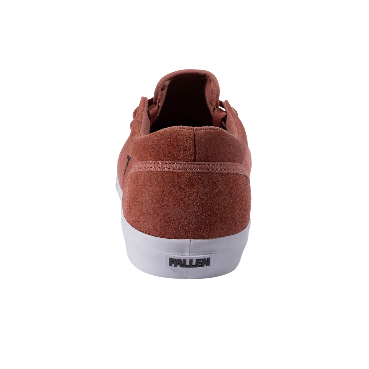 Fallen Footwear Mexico The Easy salmon suede skate shoe, rear view showing white rubber sole and branded heel detail.