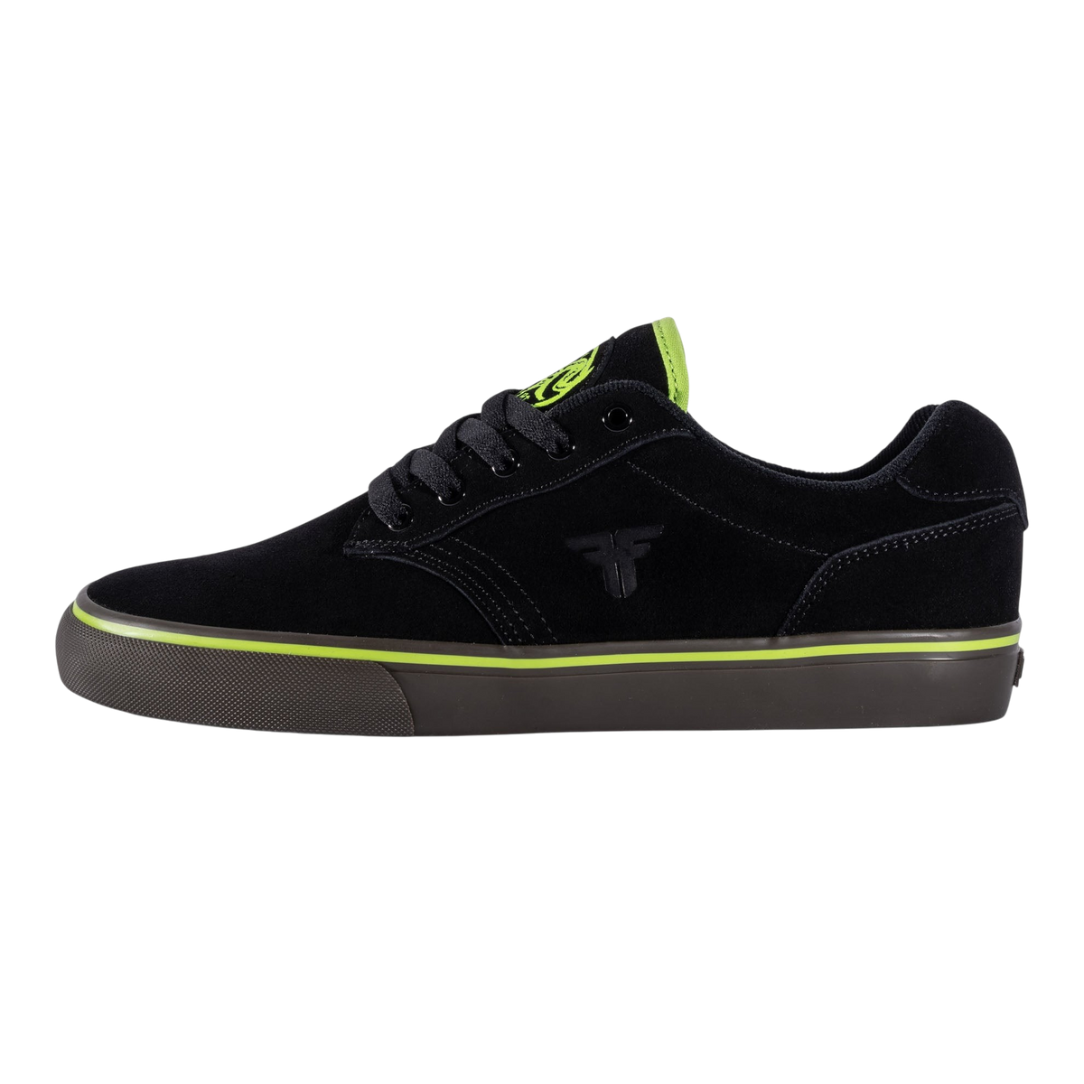Fallen Footwear Mexico The Goat vulcanized skate shoe in black suede with a gum sole and lime green accents.