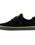 Fallen Footwear Mexico The Goat vulcanized skate shoe in black suede with a gum sole and lime green accents.