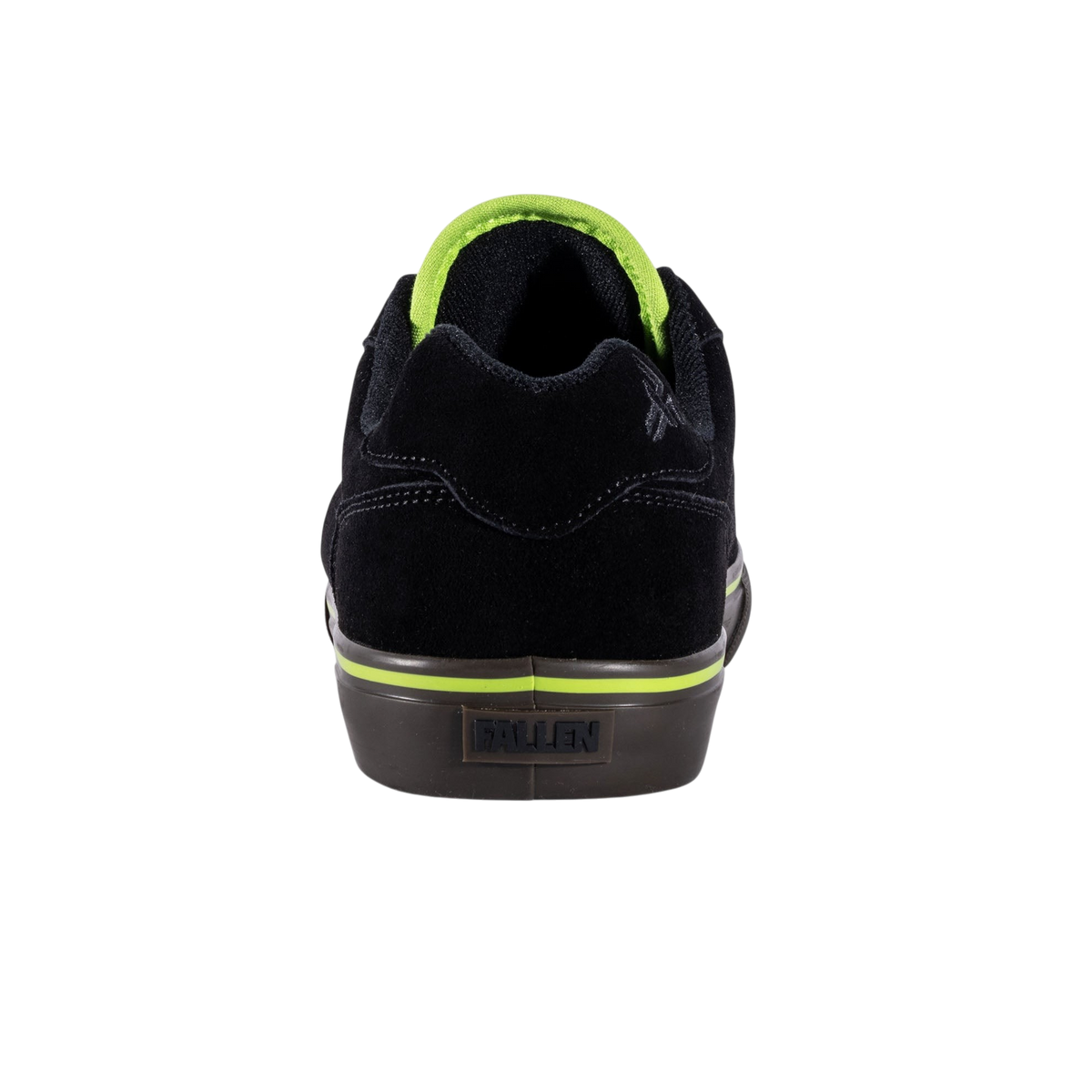 Fallen Footwear Mexico The Goat black suede skate shoe with lime green collar and gum sole, rear view.