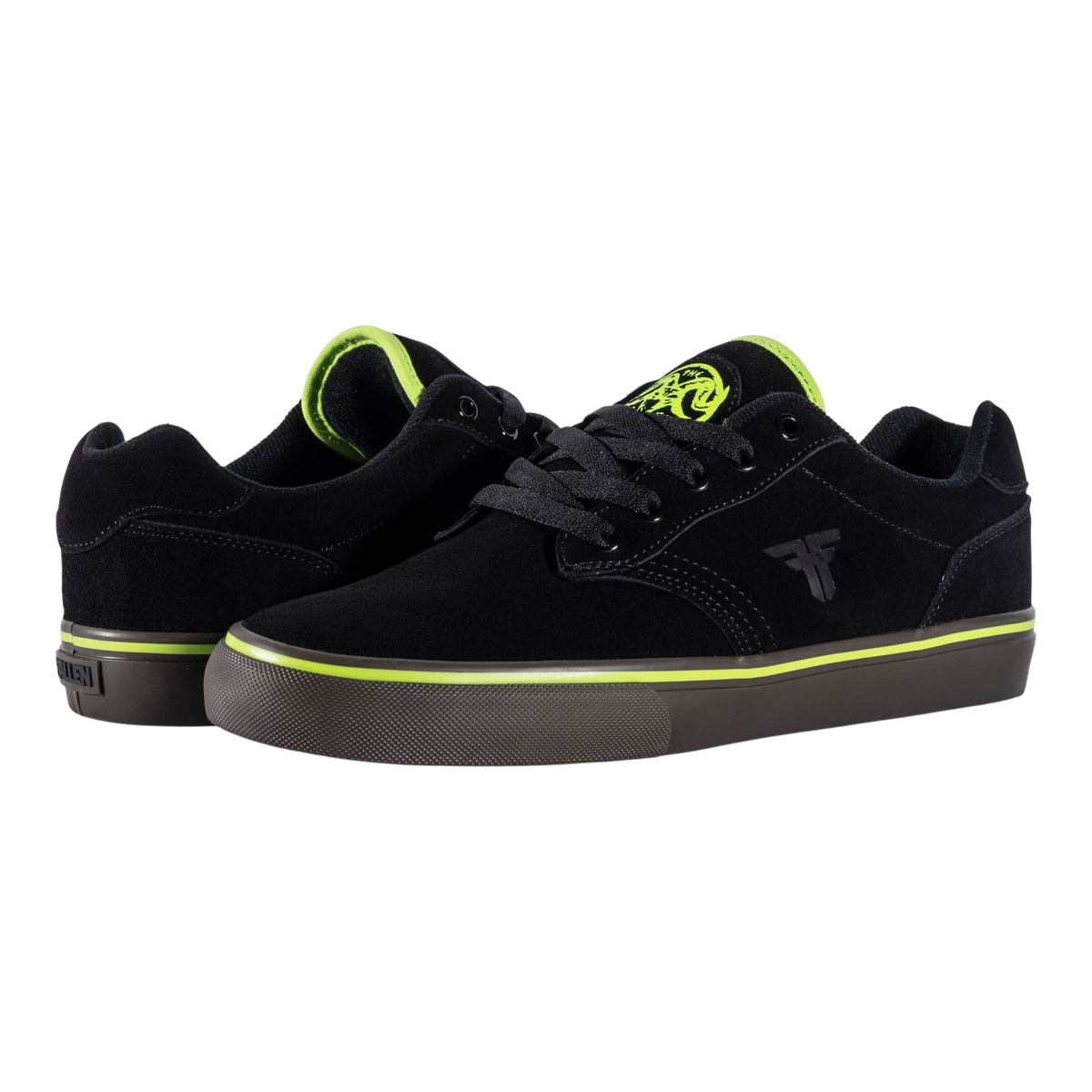 Fallen Footwear Mexico The Goat vulcanized skate shoes in black suede with gum soles and lime green accents