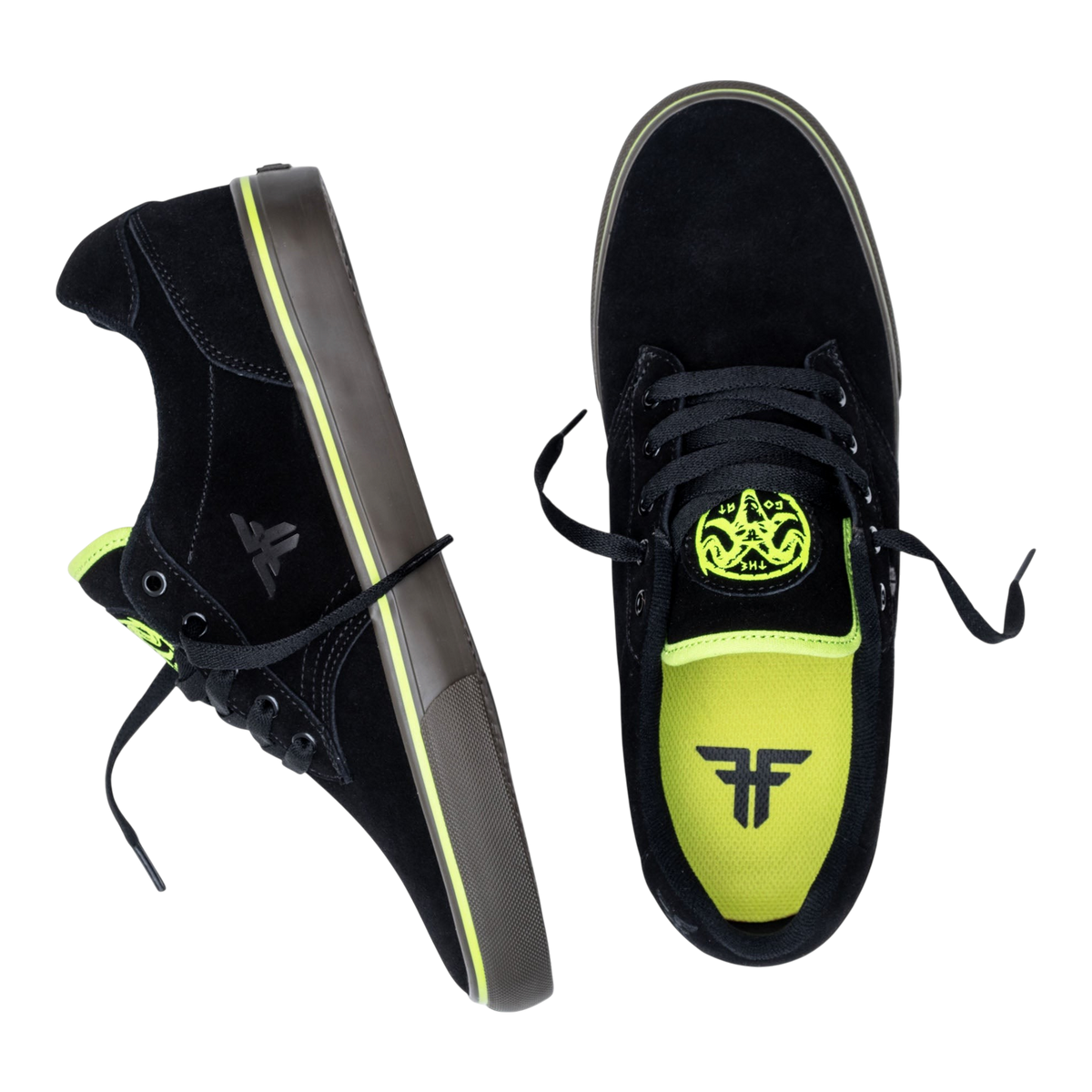 Fallen Footwear Mexico The Goat black suede skate shoes with gum soles and lime green accents