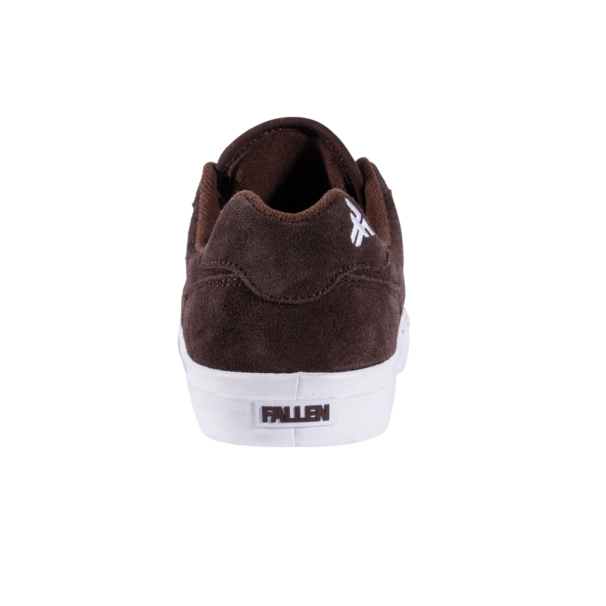 Fallen Footwear Mexico The Goat brown suede skate shoe with white vulcanized sole, rear view showing heel branding.