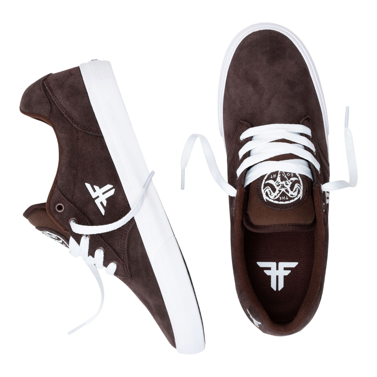Fallen Footwear Mexico The Goat brown suede skate shoes with white laces and vulcanized soles, top and side view.