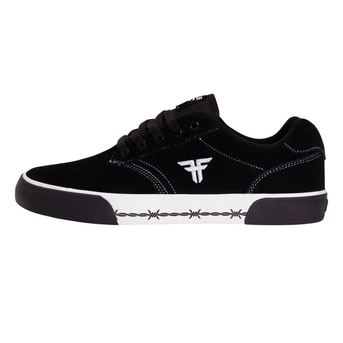 Fallen Footwear Mexico The Goat black suede skate shoe with white barbed wire print on the midsole