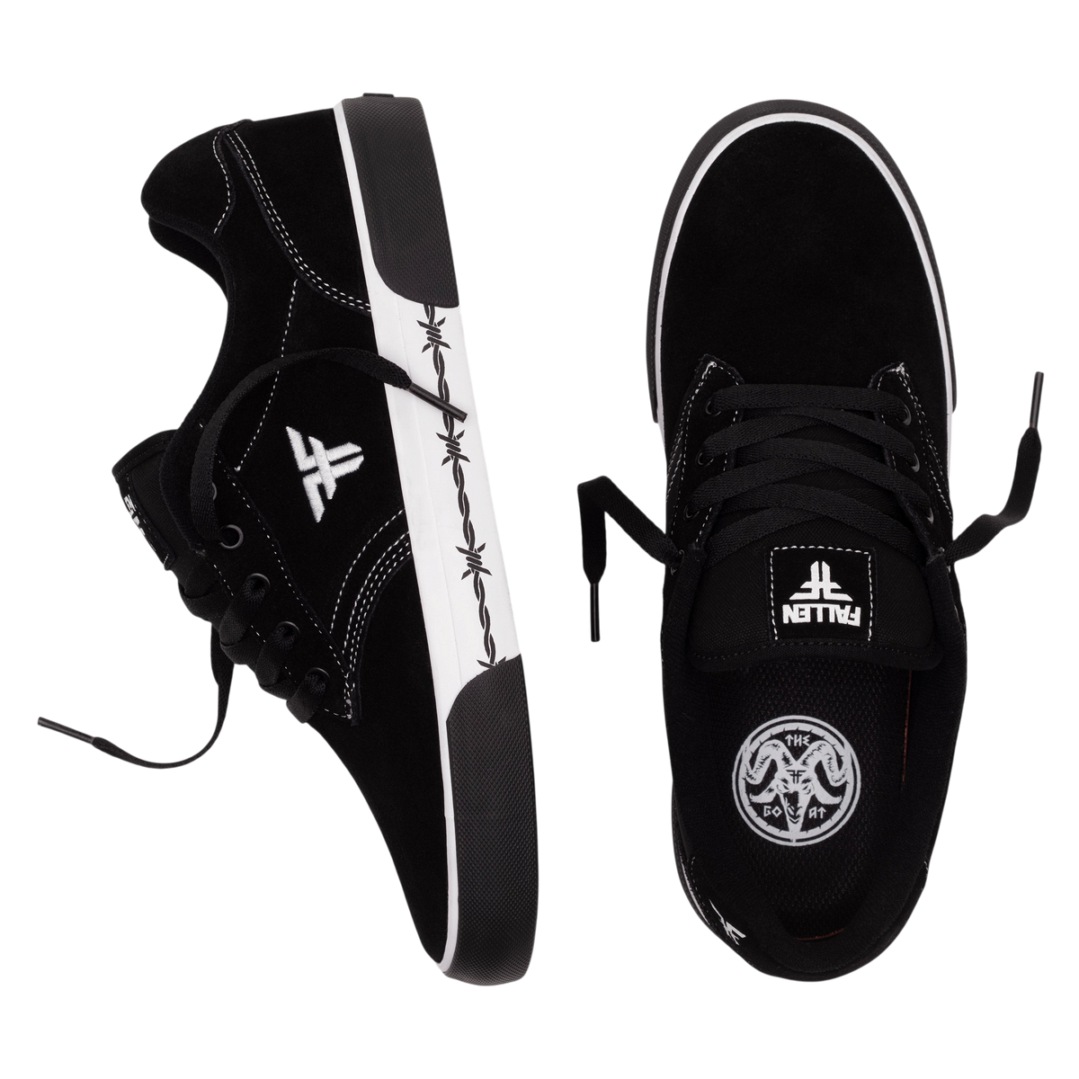 Fallen Footwear Mexico The Goat black suede skate shoes featuring a white barbed wire print on the midsole