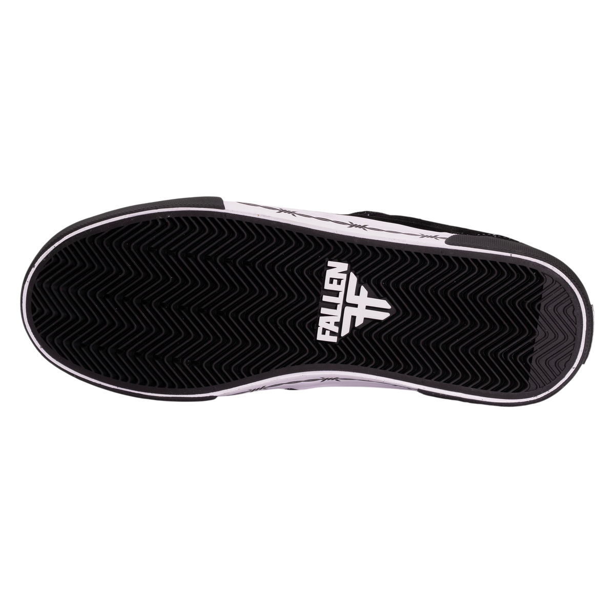 Fallen Footwear Mexico The Goat black skate shoe with a white midsole featuring a black barbed wire print pattern.