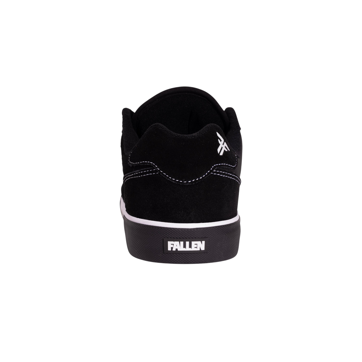 Fallen Footwear Mexico The Goat black suede skate shoe, back view with white logo and barbed wire detail
