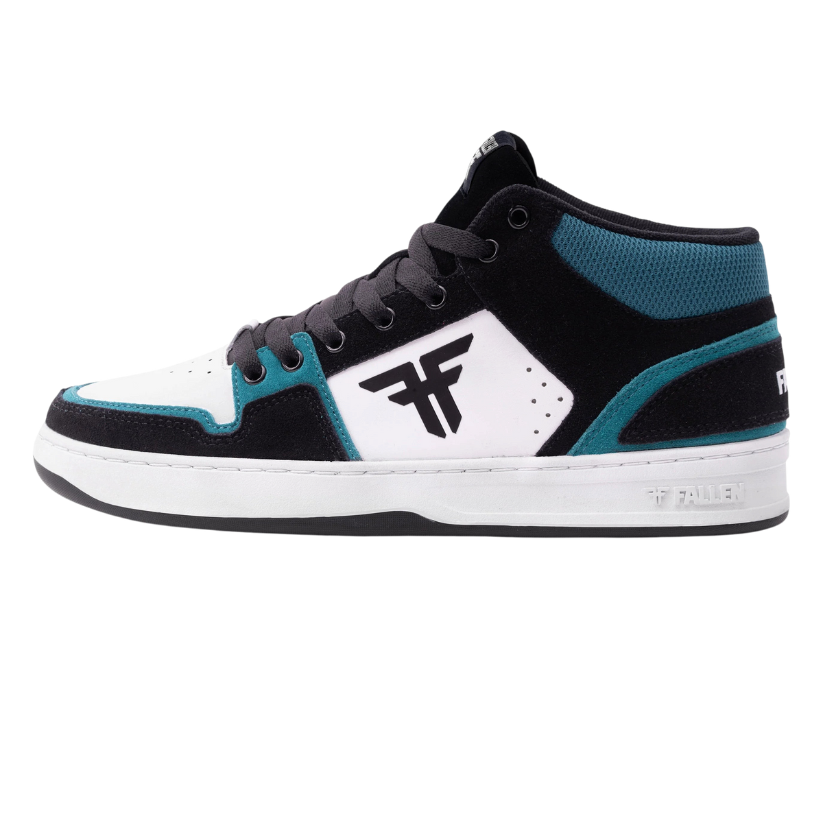 Fallen Footwear Mexico The Decade mid-top skate shoe in black, white, and emerald green with suede and mesh panels.