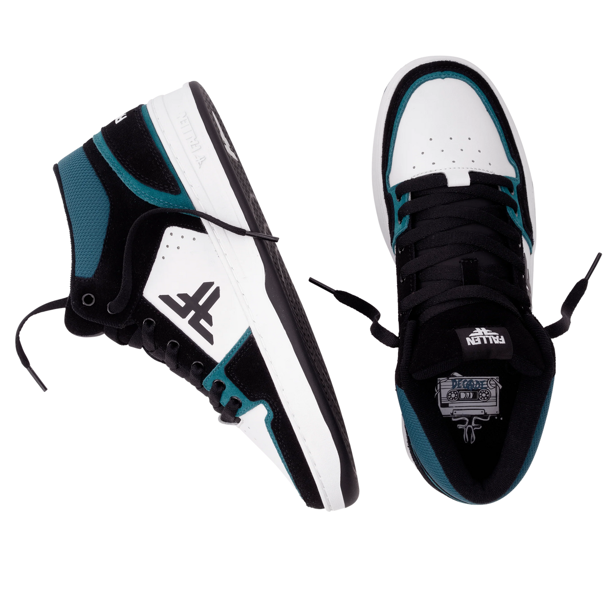 Fallen Footwear Mexico The Decade skate shoes in black, white, and emerald green with suede and mesh panels.