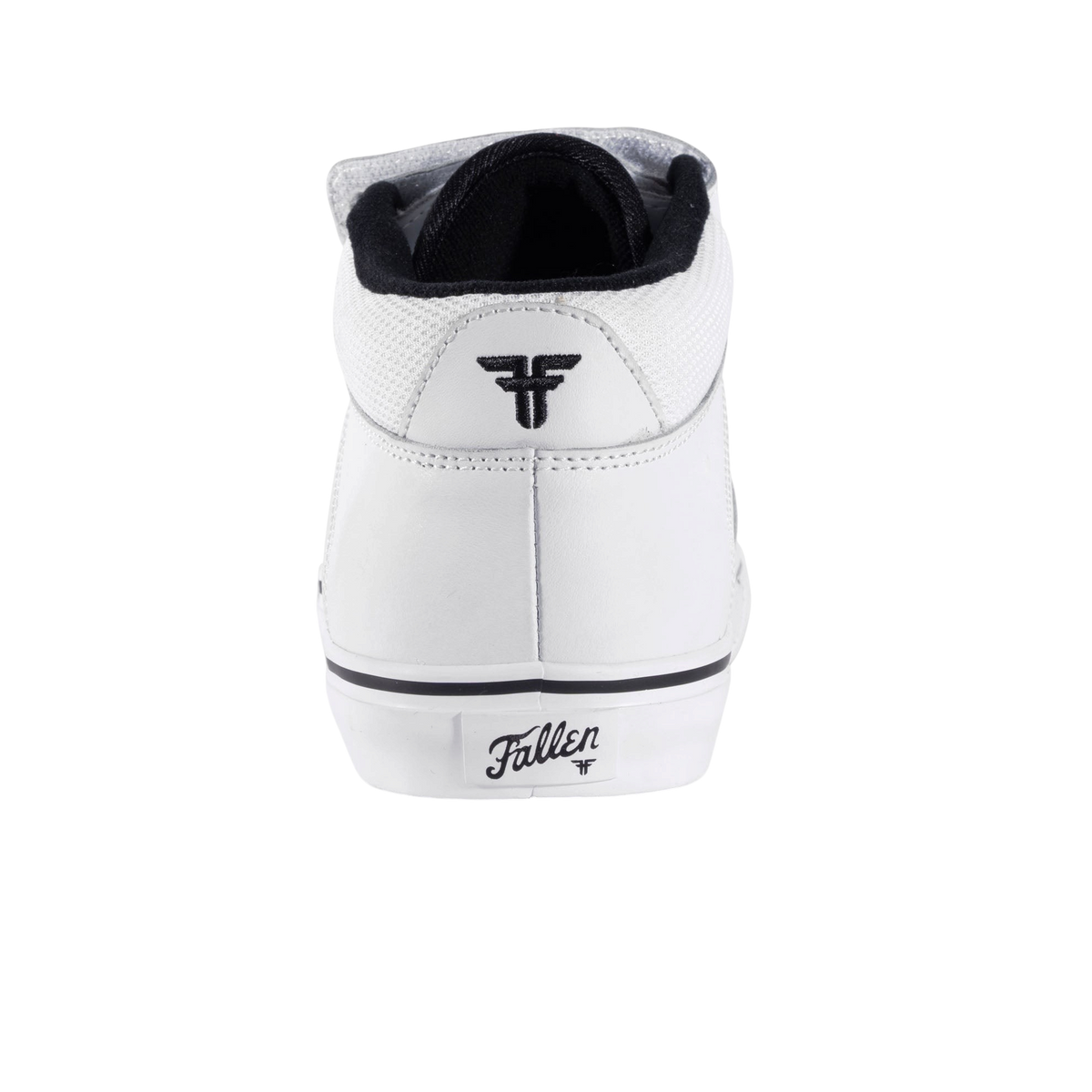 Rear view of Fallen Footwear Mexico Tremont Mid white and black vulcanized skate shoe with heel logo detail
