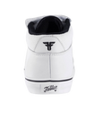 Rear view of Fallen Footwear Mexico Tremont Mid white and black vulcanized skate shoe with heel logo detail