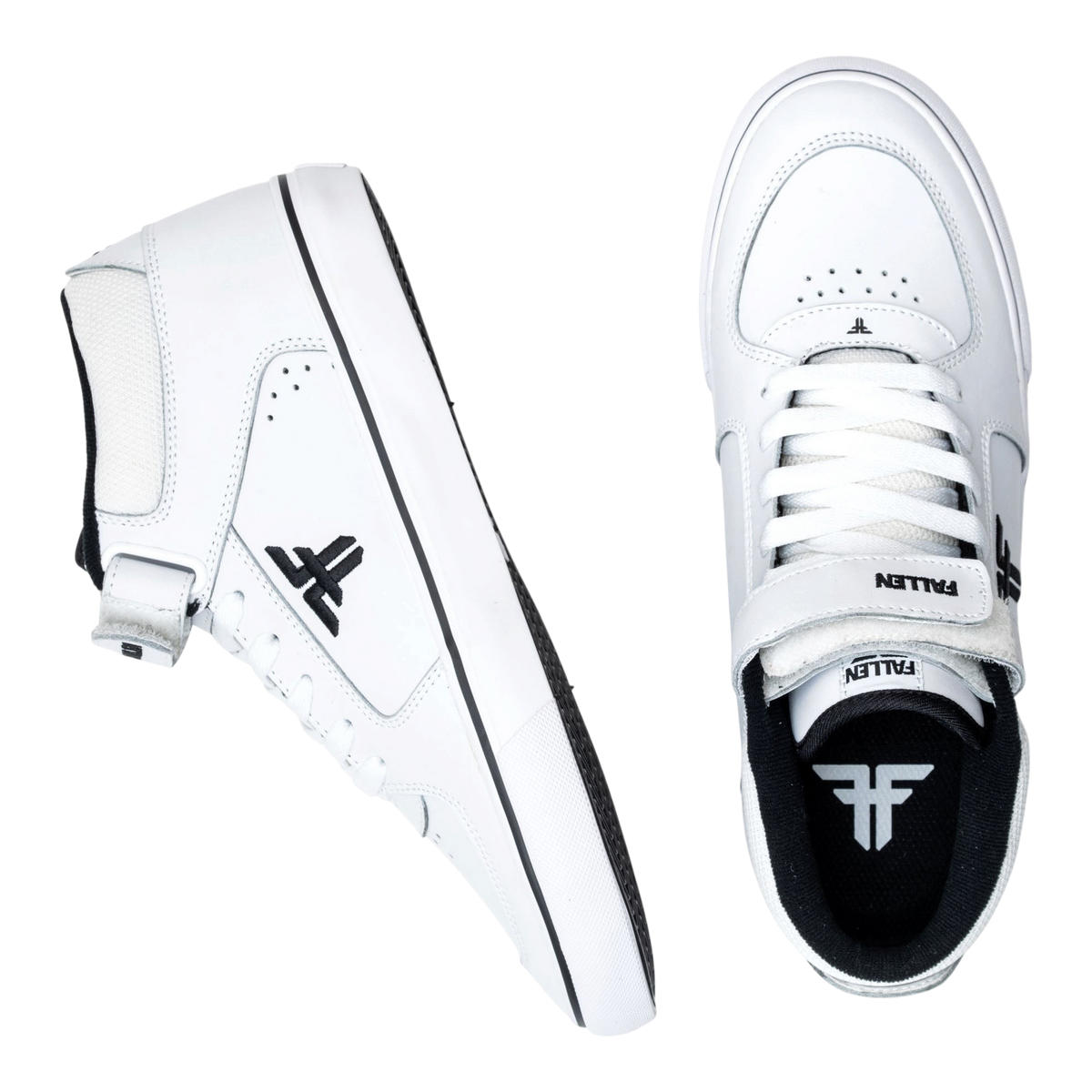 Fallen Footwear Mexico Tremont Mid skate shoes in white and black with a removable velcro strap and vulcanized sole.
