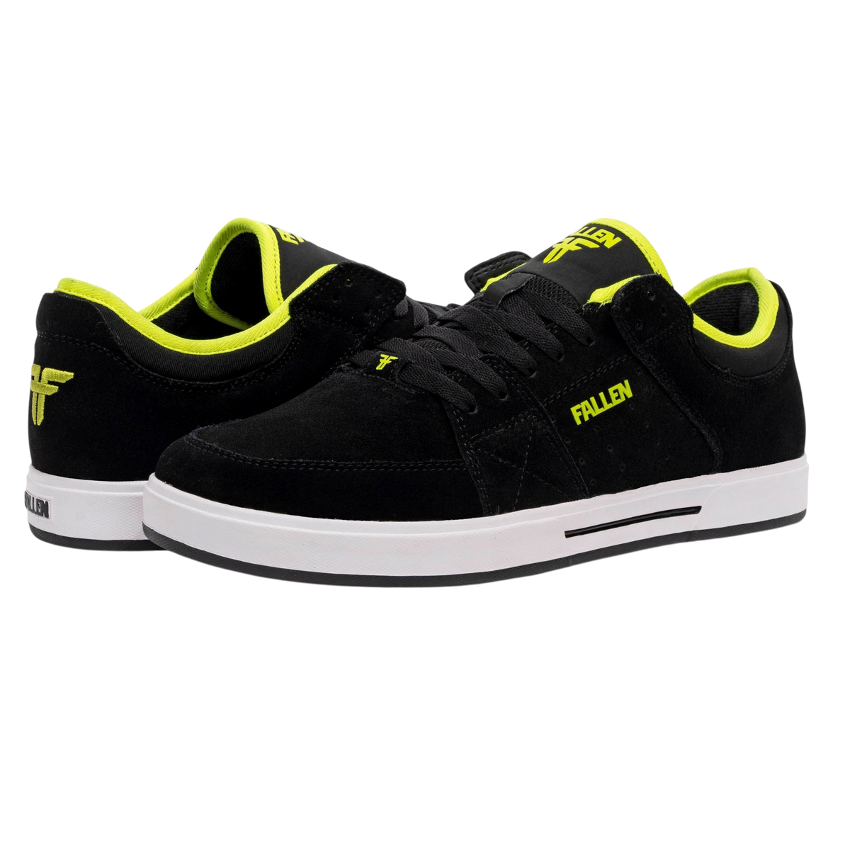 Fallen Footwear Mexico Trooper skate shoes in black suede with lime green accents and a white cup-sole