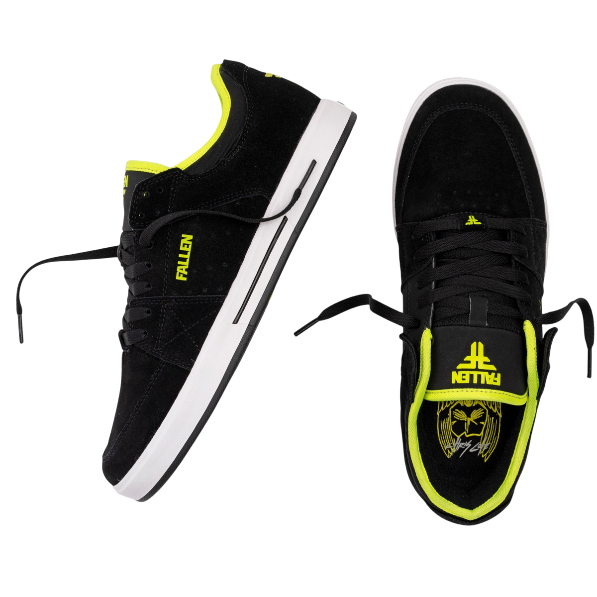 Fallen Footwear Mexico Trooper skate shoes in black suede with lime green accents and durable cup-sole construction.