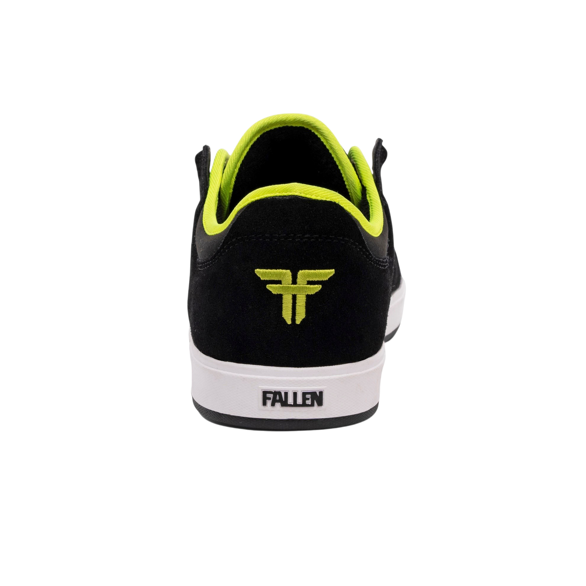 Fallen Footwear Mexico Trooper skate shoe in black suede with lime green accents and white cup-sole, rear view.