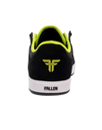 Fallen Footwear Mexico Trooper skate shoe in black suede with lime green accents and white cup-sole, rear view.